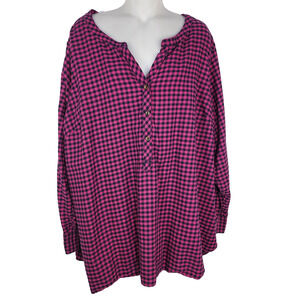 Lands End Top Women 24W Purple Black Gingham Checked Flannel Popover Long Sleeve